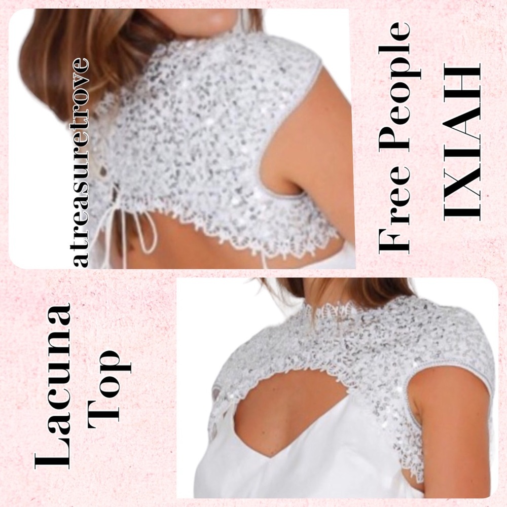 IXIAH x Free People Lacuna Sequin 4 | Sm Silver White Lace Overpiece Tie Top